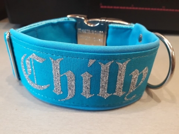 Hundehalsband Namenshalsband mit Wunschtext türkis mit Glitzertext