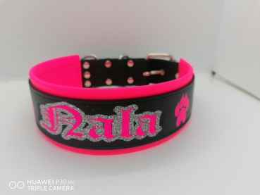 Biothane Halsband pink-schwarz-glitzer 5cm breit