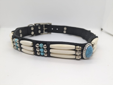 Indianerhalsband/Hundehalsband Lederhalsband Indianerlook türkis Echtleder schwarz 2,5cm breit