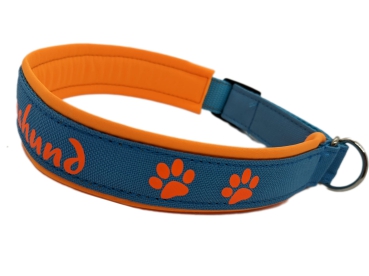 Personalisiertes Hundehalsband orange/ türkisblau mit Polsterung