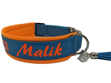 Personalisiertes Hundehalsband orange/ türkisblau mit Polsterung