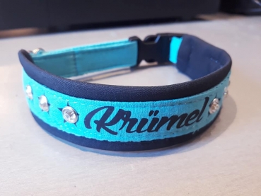 Preview: Hundehalsband, Namenshalsband Wunschtext mit Polsterung schwarz/türkis personalisiert