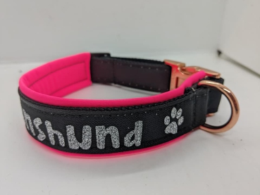 Wunschtexthalsband pink/schwarz Glitzerwunschtext mit Polsterung