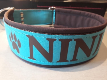 Hundehalsband braun / türkis mit Wunschtext Namenshalsband