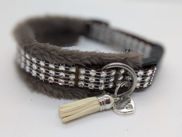 Strass-Optik-Hundehalsband Braun- Ultra leichtes Glitzer-Halsband mit Bling, Edelstahl D-Ring verstellbar & flauschig für sensible Hunde