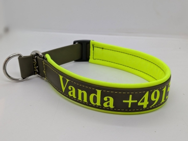 Biothane Jagdhund-Halsband Oliv/ Neon-Gelb - individuell beschriftet, 3,5 cm