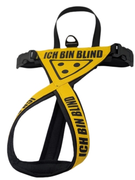 Blinden-Hundegeschirr - X-Form, individuell maßgefertigt, schwarz-gelb mit Warnsymbol
