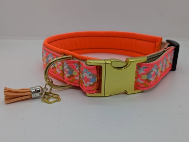 Hundehalsband "Sunset Glow" - Neon-Orange mit Ethnomuster & goldenen Beschlägen