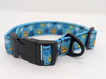 Mitwachsendes Welpenhalsband "Pfotenglück"-Türkis mit bunten Pfoten, 2,5 cm breit