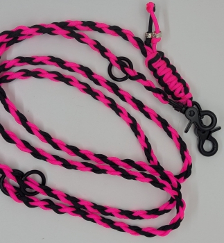 Verstellbare Paracord-Hundeleine Neonpink/ Schwarz - 2 m 2 - Dreifach Verstellbar mit Scherenkarabiner