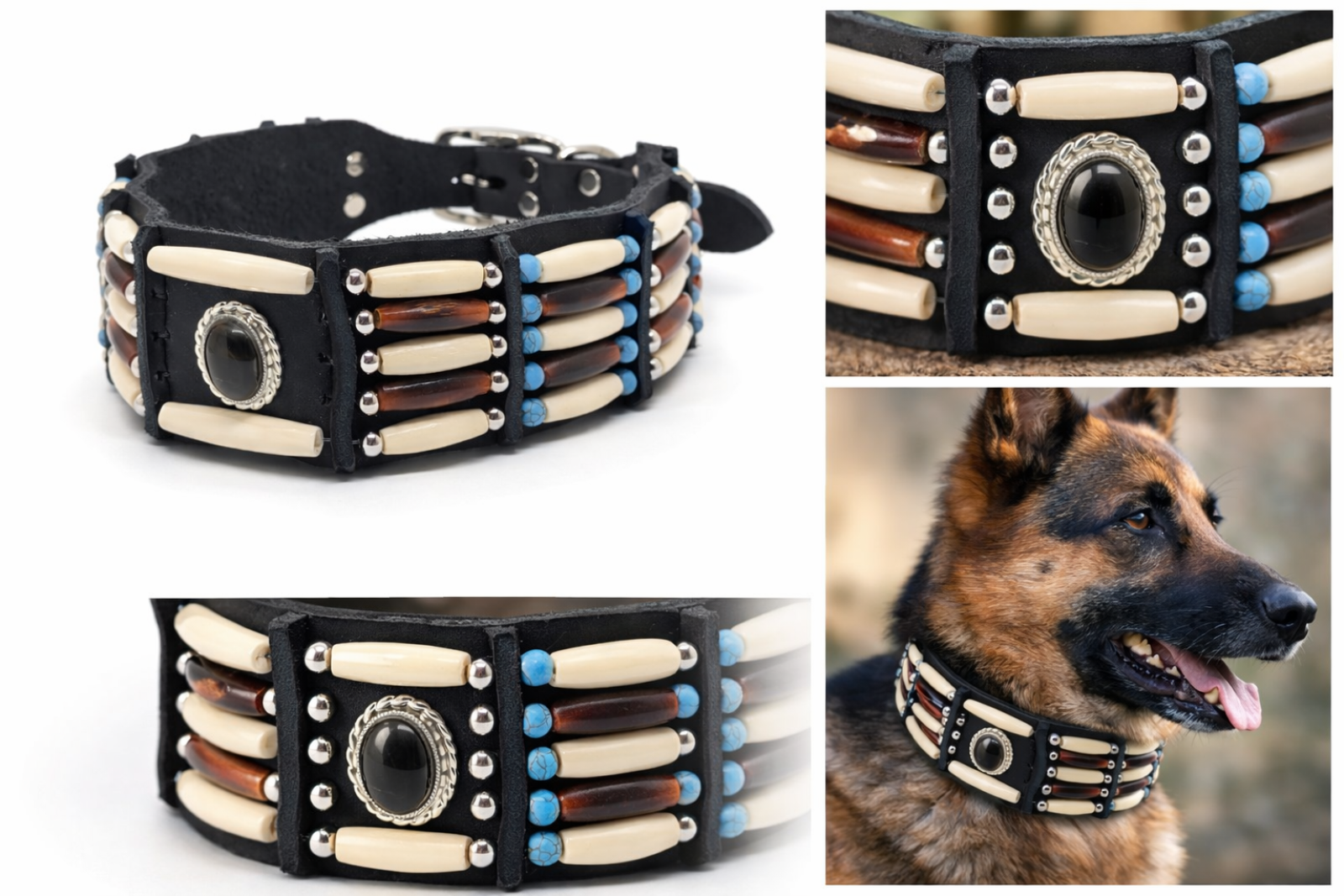 Indianer-Hundehalsband „Spirit Stone“ – 5 cm breites Leder-Statement mit Bernstein & Türkis