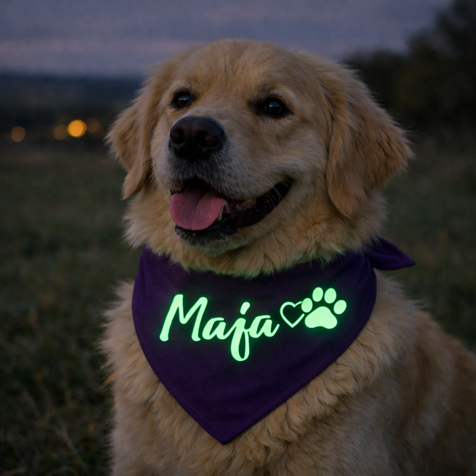 Lila Hundehalstuch "Glow" - nachtleuchtendes Dreieckstuch zum Knoten / Glow in the Dark / personalisierbar