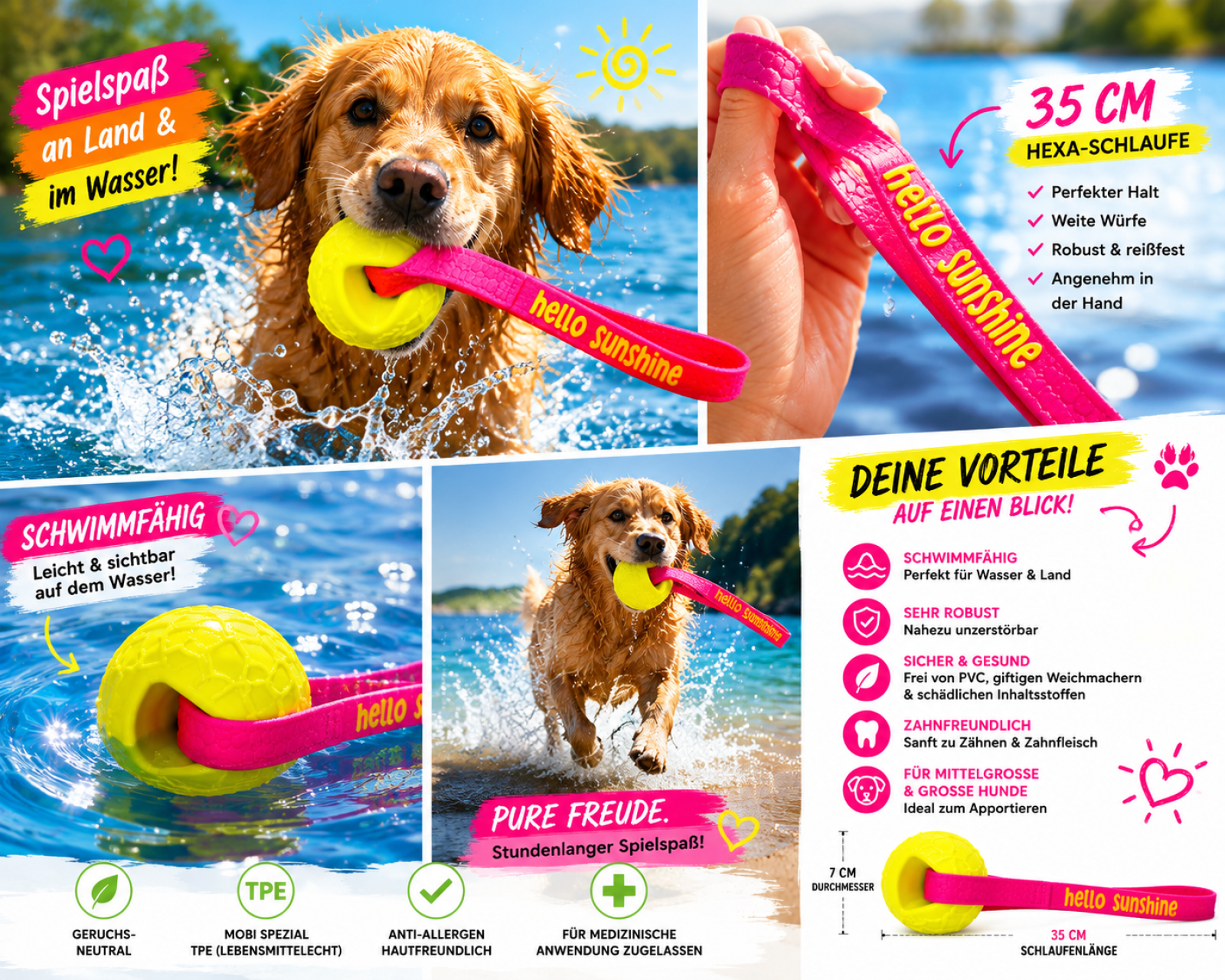 HELLO SUNSHINE® Moby-Dog Schwimmball mit Hexa-Schlaufe – 7 cm | Hundespielzeug für Wasser & Land gelb