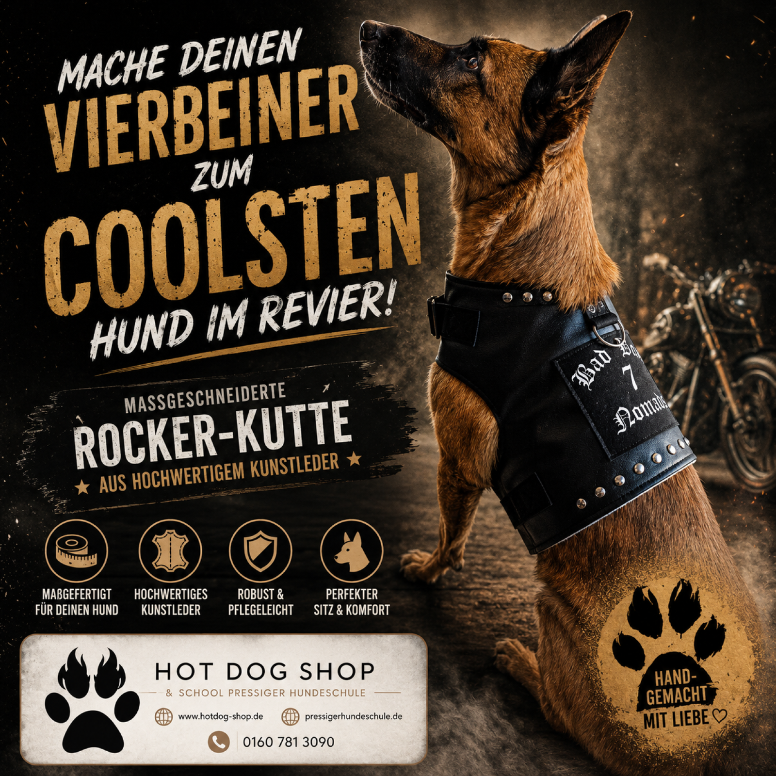 Rockerkutte / Lederjacke "Born to Be Wild" - Maßgeschneidertes Hundegeschirr aus Kunstleder