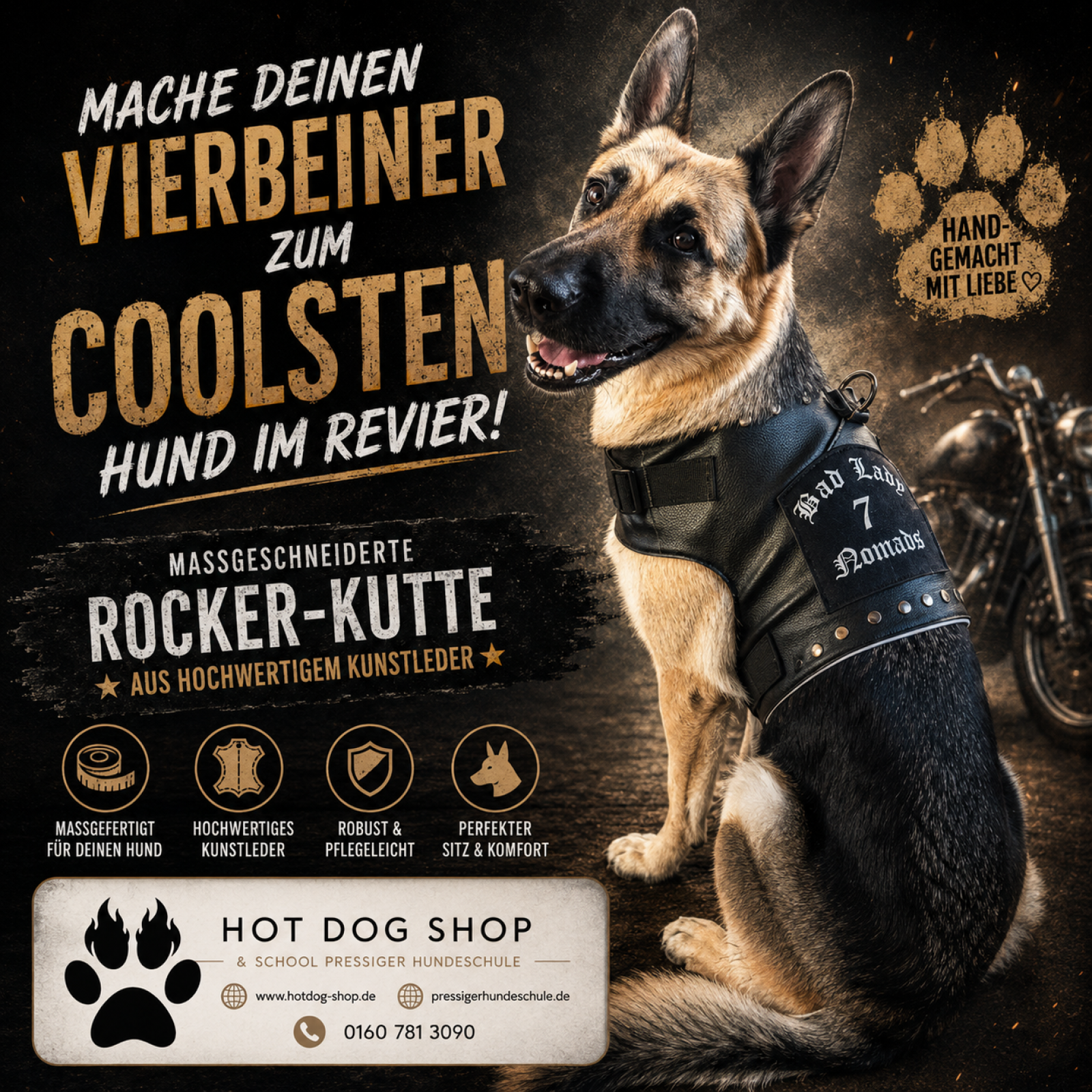 Rockerkutte / Lederjacke "Born to Be Wild" - Maßgeschneidertes Hundegeschirr aus Kunstleder