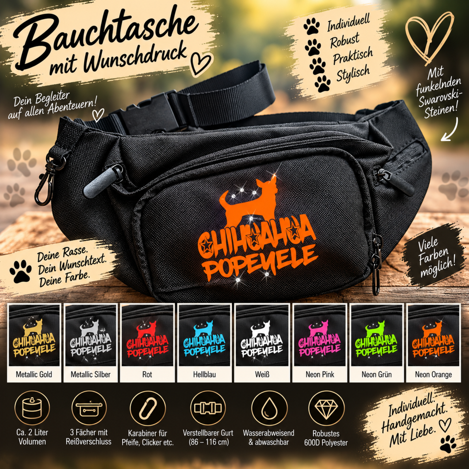 Bauchtasche Gürteltasche Trainingsbag Leckerliebeutel personalisiert - Rassemotiv & Wunschtext