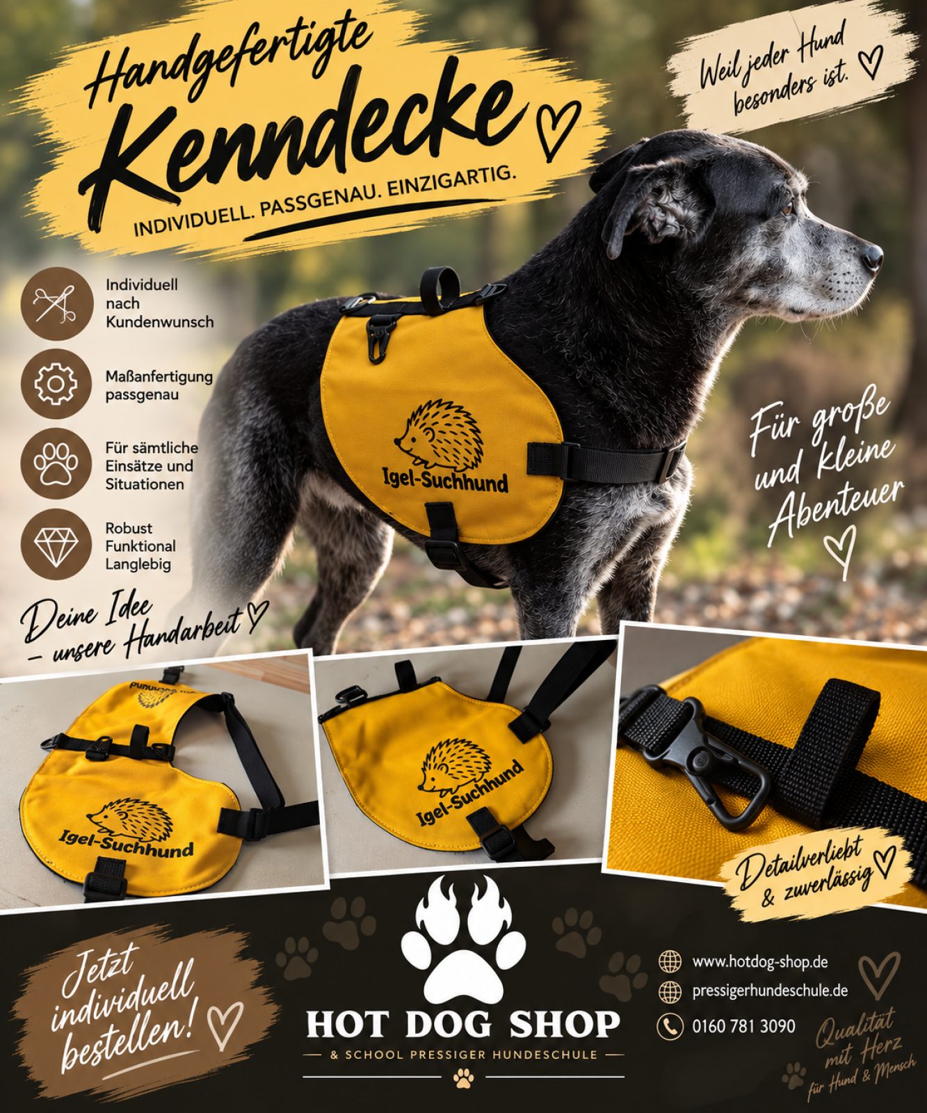 Handgefertigte Kenndecke für Hunde – individuell nach Maß | Rettungshund, Assistenzhund, Therapiehund, Diensthund & mehr