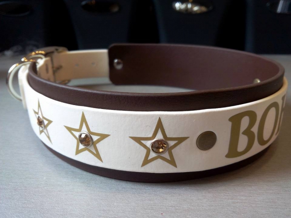 Biothane Hundehalsband, Namenshalsband mit Wunschtext braun/weiß bedruck mit Wunschtext Strasshalsband