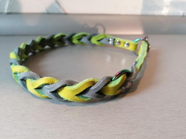 Fettleder Hundehalsband Lederhalsband Echt Leder grau/limone