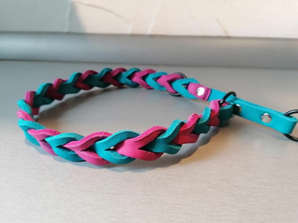 Fettleder Hundehalsband Lederhalsband Echt Leder pink/türkis