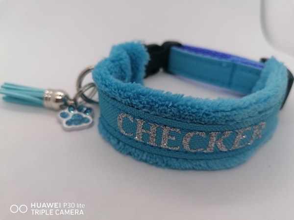 Hundehalsband mit Glitzertext personalisiert türkis