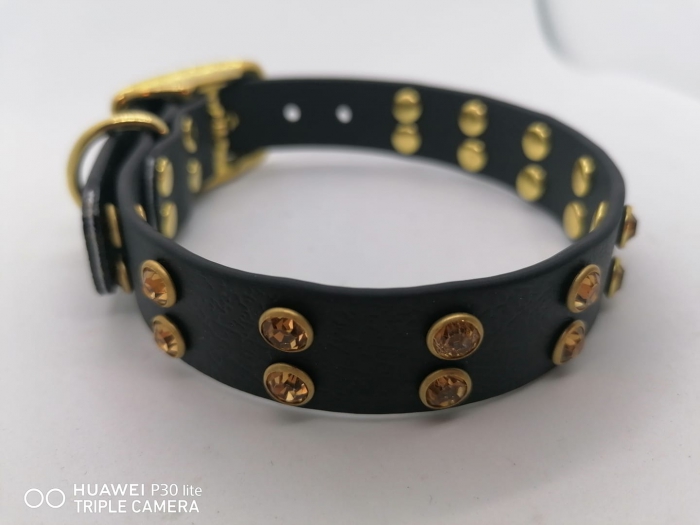 Biothane Halsband schwarz mit Strassnieten in gold