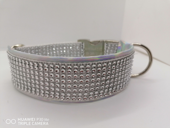 Strassoptik Hundehalsband weiß / holographic