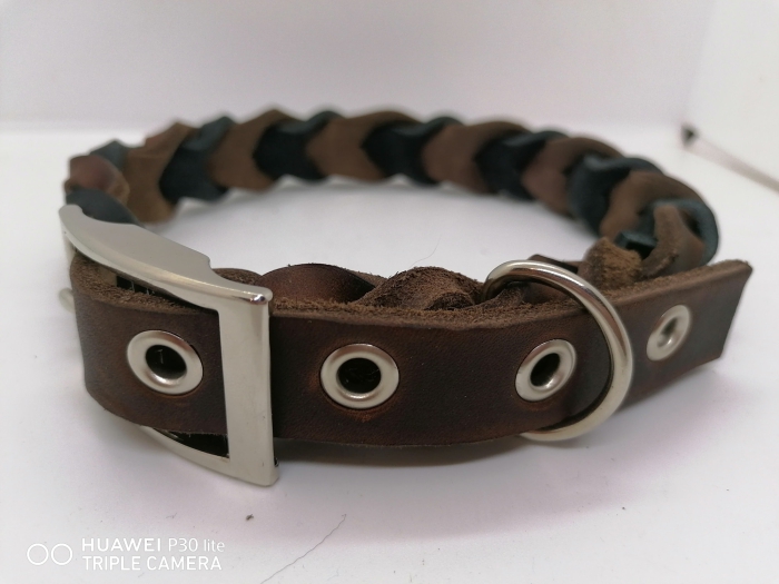 Fettleder/ Echtleder Hundehalsband Lederhalsband geflochten braun/schwarz 2,5cm breit