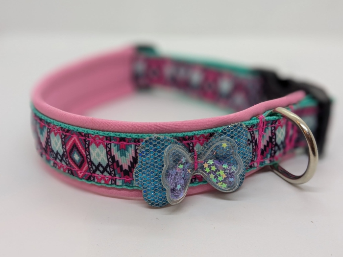 Boho Glam Hundehalsband Pink & Türkis mit Glitzer-Schleife