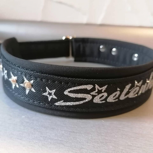 Wunschtext Halsband schwarz mit Glitzerschrift und Softshell Polsterung