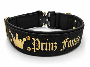 Personalisierbares Premium Hundehalsband Gold-Schwarz – gepolstert, UV-beständig & nach Maß gefertigt