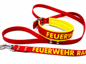 Biothane Halsband Neon Gelb/Rot mit Softshell-Polsterung – personalisiert mit Wunschtext | Rettungshund • Feuerwehr • Assistenzhund
